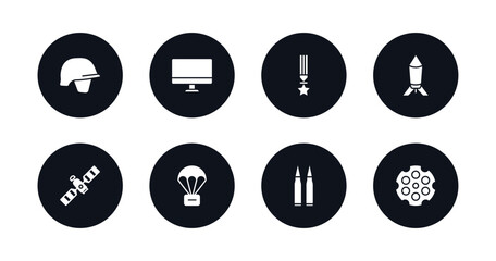 symbol for mobile filled icons set. filled icons such as military helmet, computer, militaty medal, depth charge, military satellites, parachute, two bullets, chamber vector.