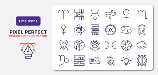 zodiac outline icons set. thin line icons such as aries, venus, toughness, devotion, craftiness, projection, ingenuity, perseverance vector.