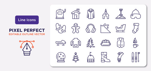 winter outline icons set. thin line icons such as heater, winter shovel, earmuffs, bobsled, anorak vest, ski lift, winter scarf, ski equiptment vector.