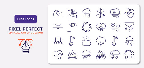 weather outline icons set. thin line icons such as tsunami, icy, tropical storm, atmospheric pressure, freezing, snowy, thunderstorm, steady rain vector. - obrazy, fototapety, plakaty