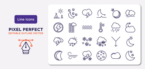 weather outline icons set. thin line icons such as indian summer, new moon, mist, thunderbolt, convergence, thundersnow, cumulus, night vector.