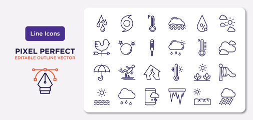 weather outline icons set. thin line icons such as drops, humidity, thermometer, umbrella, spring, forecast,  , hailstorm vector.