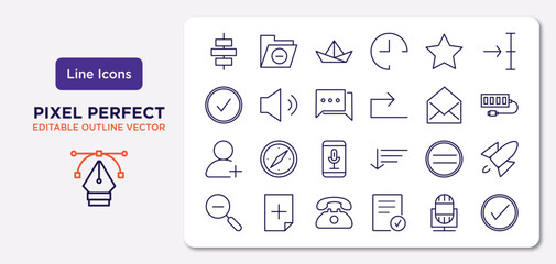 user interface outline icons set. thin line icons such as horizontal alignment, favourite, bubble speech, add user, pause, telephone call, voice recorder, check square vector.