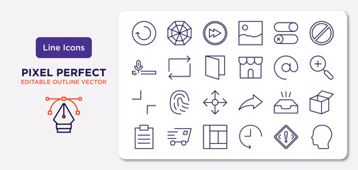 user interface outline icons set. thin line icons such as reload, desativated,  , minimal, empty, layout, exclamation button, head vector.