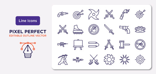 weapons outline icons set. thin line icons such as musket, molotov cocktail, no arms, hine gun, thor hammer, sabre, burst, shooting target vector.
