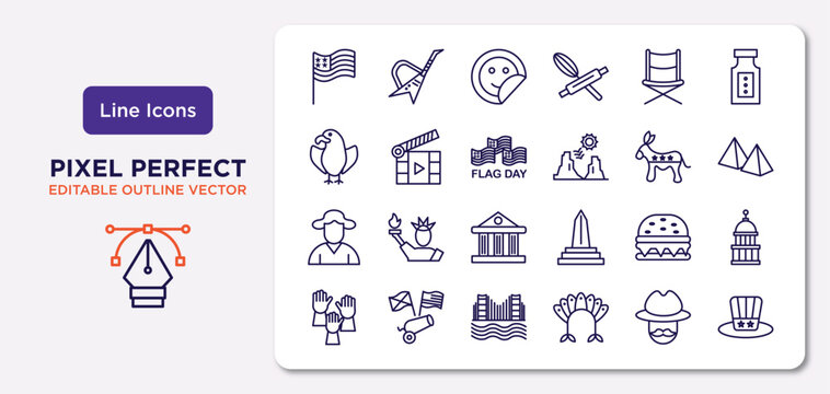 united states of america outline icons set. thin line icons such as patriotic, director chair, flag day, george washington, burger, golden state, cowboy, independence day vector.