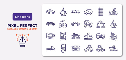 transportation outline icons set. thin line icons such as sedan, railway line, people carrier, dirigible, modern bus, car frontal view, patrol car, haul vector.