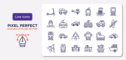 transportation outline icons set. thin line icons such as kick scooter, icebreaker ship, sport car, train front, inline skates, sports car, houseboat, paddlewheeler vector.