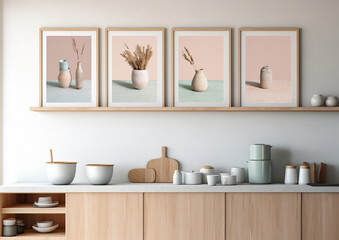 Fototapeta na wymiar 4 vertical frames mock up in modern simple kitchen scene, neutral tones, , generative ai