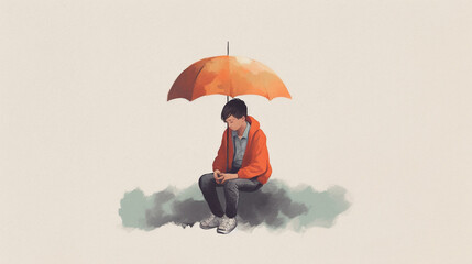 Watercolor Painting of a Sad Boy Sitting Under an Umbrella,Mental Health Concept, Generative AI