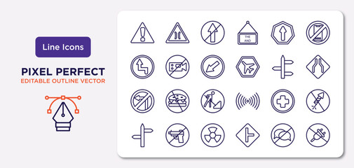 traffic signs outline icons set. thin line icons such as danger, ahead only, keep left, no turn right, hospital, nuclear, no chatting, no plug vector.