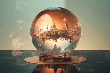 Snow globe with futuristic fairy castle inside at the table made with generative Ai
