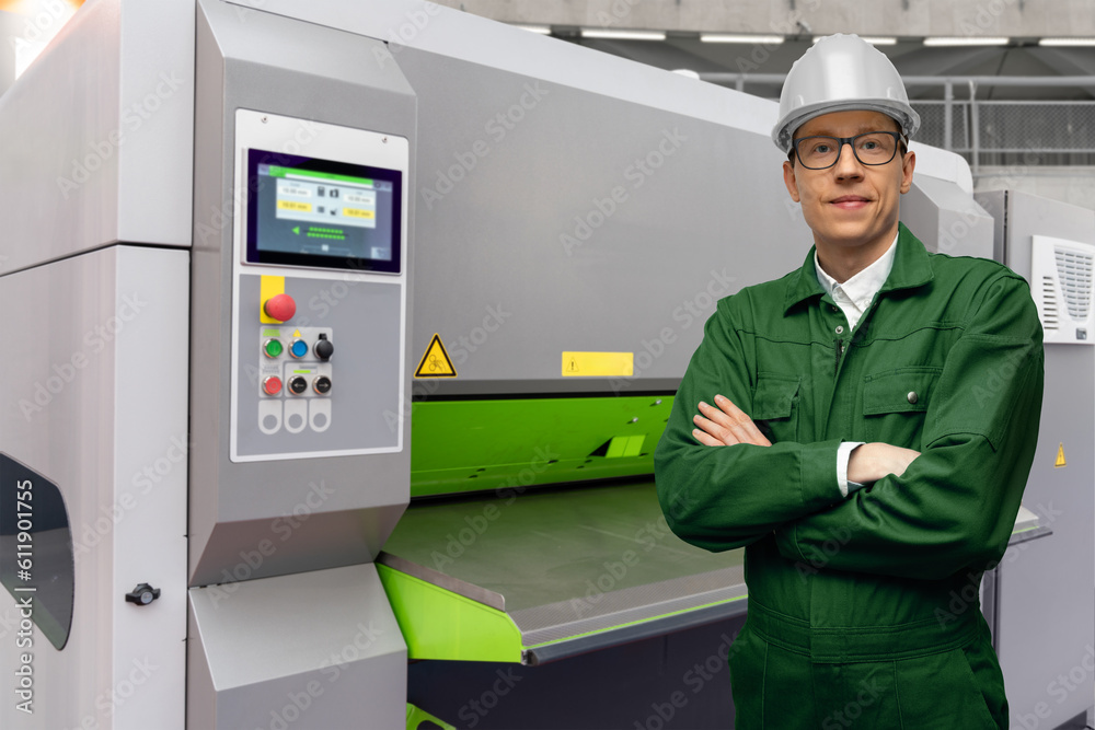 Poster Worker with automatic machine tool in smart factory