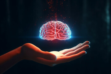 A Hologram of a Brain Floating Above a Hand, Mental Health Concept, Generative AI