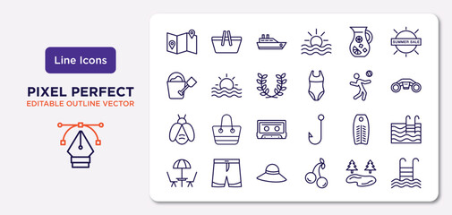 summer outline icons set. thin line icons such as travel guide, sangria, wreath, firefly, bodyboard, pamela hat, lake, swimming pool ladder vector.