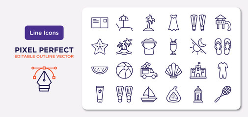 summer outline icons set. thin line icons such as postcard, flippers, sand bucket, slice of melon, sand castle, yatch boat, lantern, rackets vector.