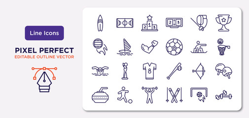 sport outline icons set. thin line icons such as surf, fencing, boxing, swimming, archery, weightlifter, football, training vector.