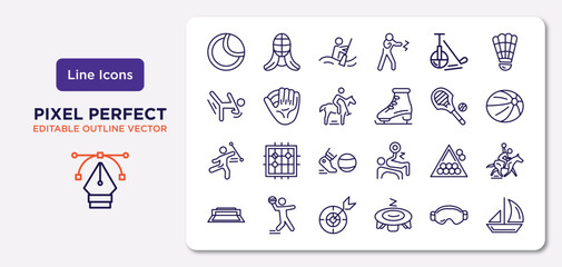 sport outline icons set. thin line icons such as tennis ball, unicycling hockey, polo sport, baton twirling, snooker, dart board, sport goggles, sailboat vector.