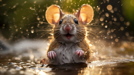 a cheerful little mouse is bathing in a puddle of splashing water. Generative AI