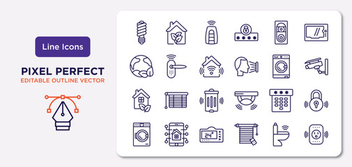 smart home outline icons set. thin line icons such as illumination, doorbell, home automation, eco home, dial, thermostat, smart toilet, smart plug vector.