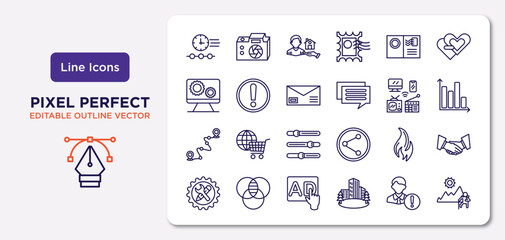 Fototapeta na wymiar social media marketing outline icons set. thin line icons such as timeline, postcard with stamp, letter with stamp, path, trending, ads, user warning, recreational vector.