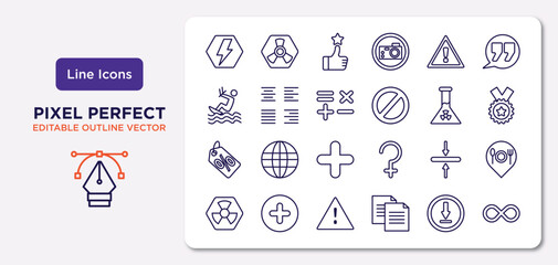 signs outline icons set. thin line icons such as electric current, exclamation mark, mathematical, percentage discount, align, alert, under, infinity vector.