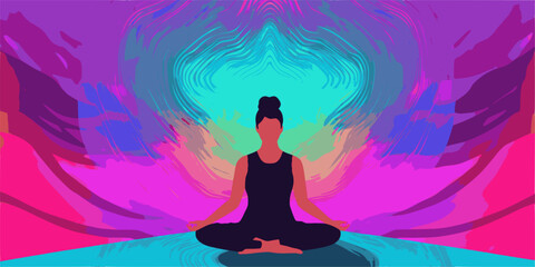 Fototapeta na wymiar Silhouette of yoga woman on a brightly colored background, mindfullness concept, new year's resolution, Mindfulness Day.