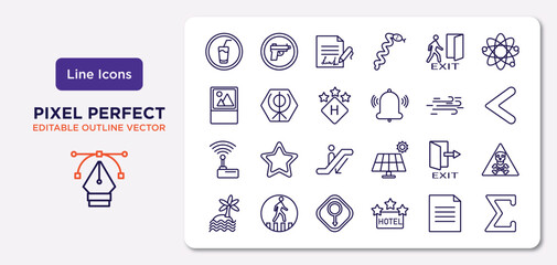 signs outline icons set. thin line icons such as drink, emergency exit, round hotel, wireless receptor, exit right arrow, male gender, text documents, the sum of vector.