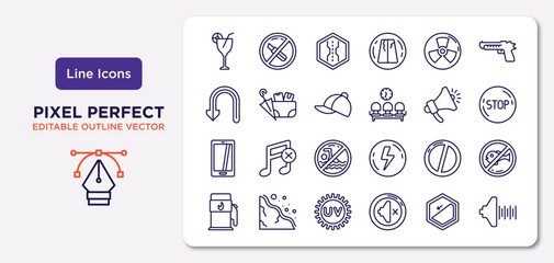 signs outline icons set. thin line icons such as drinks, nuclear, cap, smarthphone, no entry, uv ray warning, slope, noise vector.