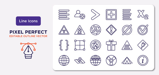signs outline icons set. thin line icons such as align right, align left, radioactive, parenthesis, heat, internet, tent, information vector.