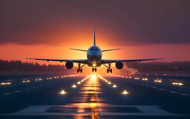 Fototapeta na wymiar A passenger plane lands on the airport runway in a beautiful sunset light