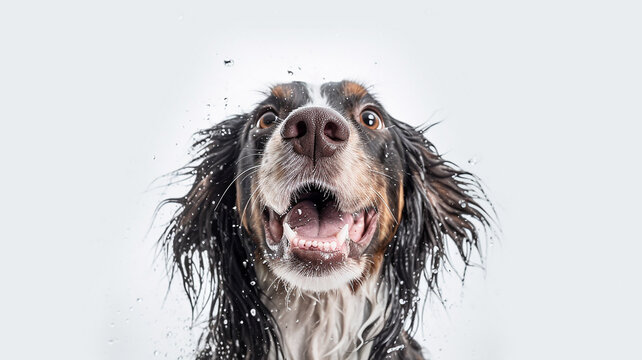 dog shakes off water studio photo white background, happiness joy. Generative AI