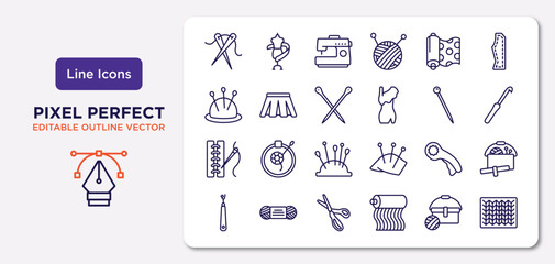 sew outline icons set. thin line icons such as sewing needles, fabric, knitting neddles, seam, rotary, pinking shears, sewing basket, knit vector.