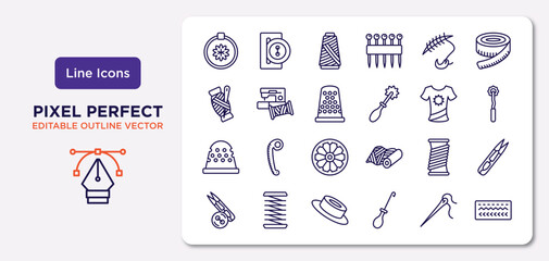 sew outline icons set. thin line icons such as needlepoint, suture, sewing thimble, thimble, wire coil, grommet, needles, stitches vector.