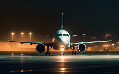 Fototapeta na wymiar Passenger plane landing during the night
