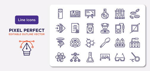science outline icons set. thin line icons such as vial, tubes, poison, vortex, nixie, flasks, eye protector, pendulum vector.