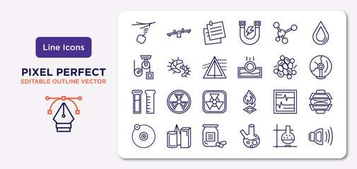 science outline icons set. thin line icons such as gravity, molecule, dispersion, test tube, electrocardiogram, medicines, lab, sound vector.