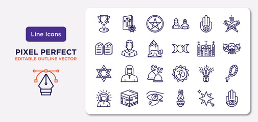 religion outline icons set. thin line icons such as goblet, jainism, prayer, hebrew, incense, eye of ra, holy star, hamsa vector.