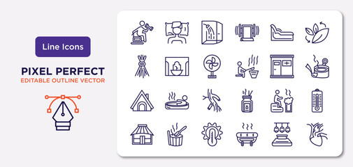 sauna outline icons set. thin line icons such as vascular workout, tepidarium, air cooling, hideaway, smoke sauna, hyperthermia, light stimulation, cardiovascular system vector.