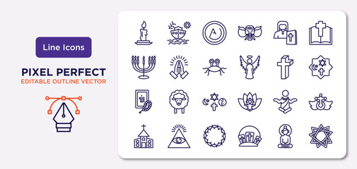 religion outline icons set. thin line icons such as candle, orthodox, pastafarianism, quran, monk, crown of thorns, buddha, bahai vector.