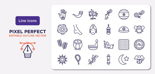 religion outline icons set. thin line icons such as henna painted hand, israel flag, hindu, israel barley, matzo, olive branch, crescent moon and star, elephant vector.