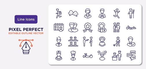 people outline icons set. thin line icons such as backpacker running, happy man jumping, in, rethink, landkeeper, physiotherapy, boss and worker, chat group vector.