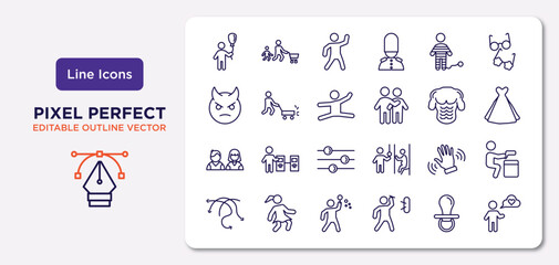 people outline icons set. thin line icons such as boy with balloon, war prisioner, gymnast girl, students, slap, man making soap bubbles, baby pacifier, man thinking about love vector.