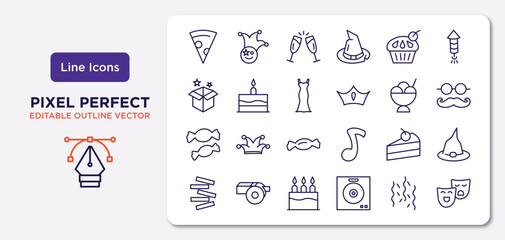 party outline icons set. thin line icons such as pizza slice, cupcake with big cherry, party dress, two candies, slice of cake, cake with three candles, celebration, theatre masks vector.