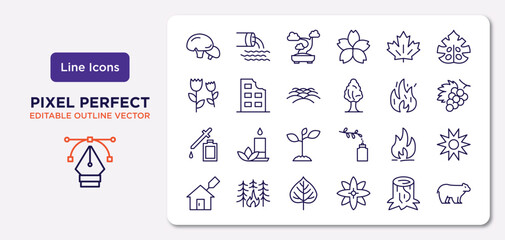 nature outline icons set. thin line icons such as mushroom with spots, red maple tree,  , essence, flame, quaking aspen tree, trunk, polar vector.
