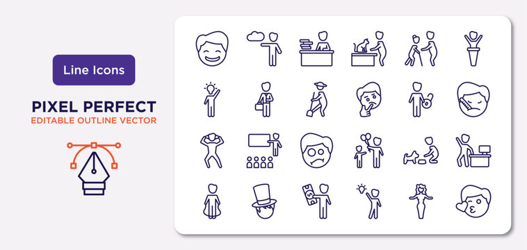 People Outline Icons Set. Thin Line Icons Such As Happy Smile, Help The Elderly, Farmer Working, Pulling Hair, Feeding A Dog, Man With Money, Elegance, Kiss Smile Vector.