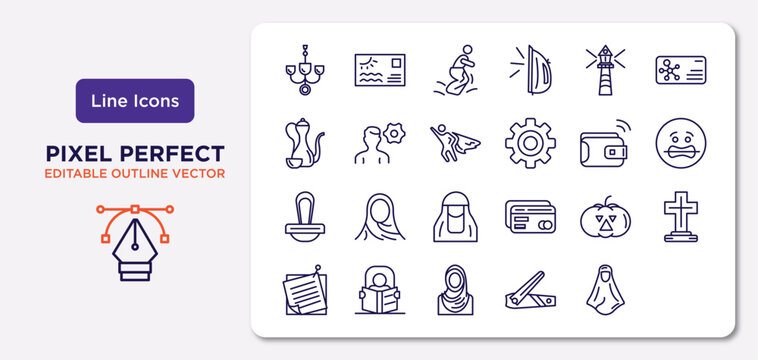 other outline icons set. thin line icons such as chandeliers, smeaton's tower, super hero, seventeen, abstract business card, self learning, nail trimmer, araba woman vector.