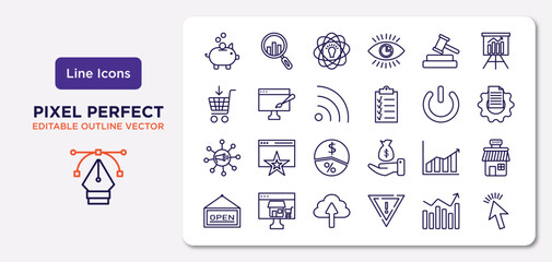 marketing outline icons set. thin line icons such as pig bank, bid, rss, viral, marketing graph, upload to cloud, performance, web cursor vector.