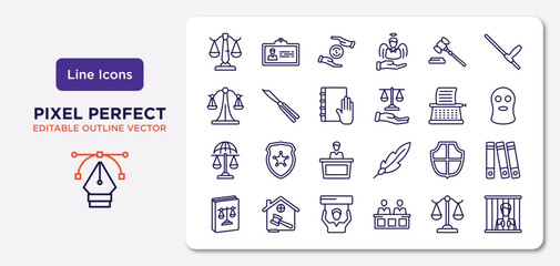 law and justice outline icons set. thin line icons such as business law, gavel, law and justice, international defense, civil rights, adminstrative guilty vector.
