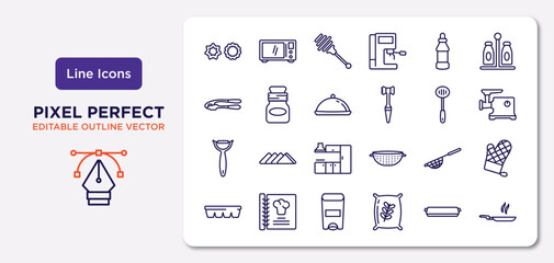 kitchen outline icons set. thin line icons such as cookie cutter, sauce, platter, peeler, strainer, trash, tray, pan vector.